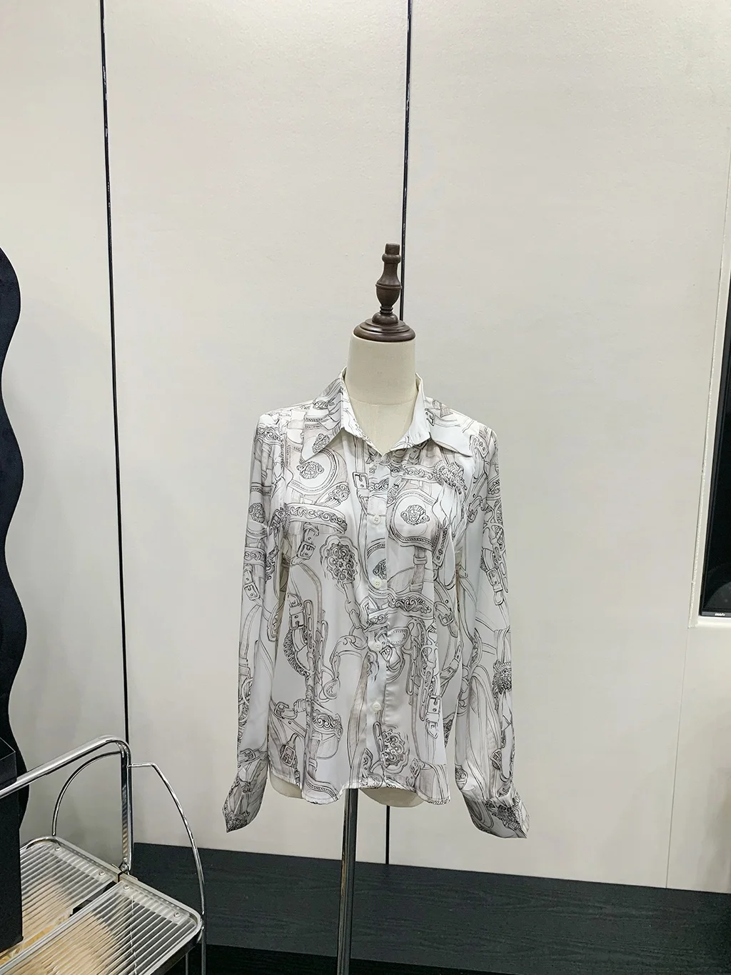 Slimming Long Sve irt Women's Casual Commute High Waist in Sle Vintage Print Loose Fit  Collar Button down irt