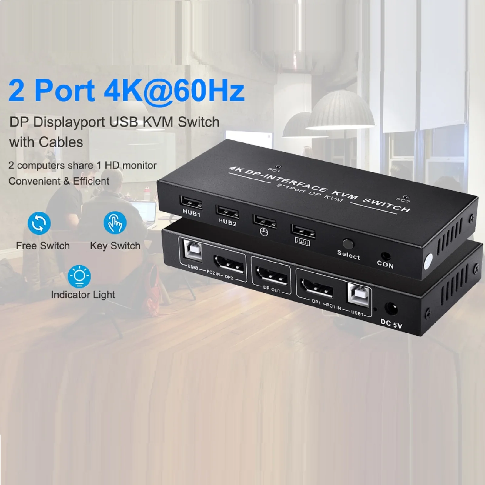 Imagem -03 - Switch Kvm Displayport de Portas 4k 60hz Usb dp em Saída dp Usb 2x1 pc para Compartilhar Monitor Mouse Teclado Impressora