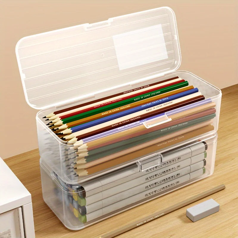 Clear Plastic Pencil Box Large Capacity Stackable Stationery Organizer for Colored Pencils Markers Art Supplies School Office