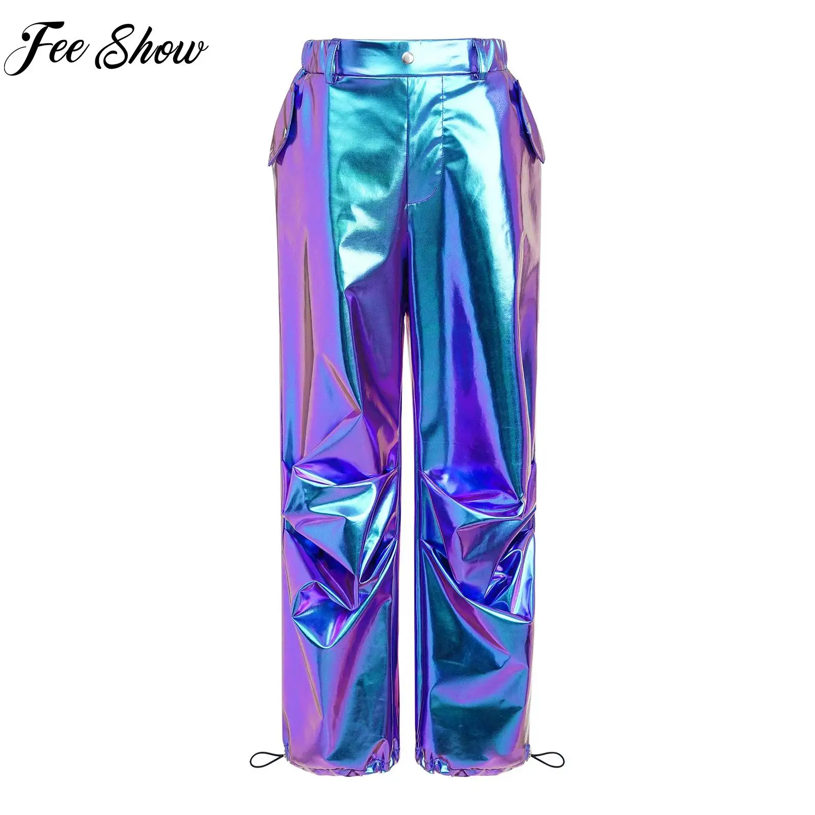 

Kids Metallic Cargo Pants for Girls Drawstring Leg Opening Trousers Fashion Hip-Hop Jazz Dance Streetwear Performance Dancewear