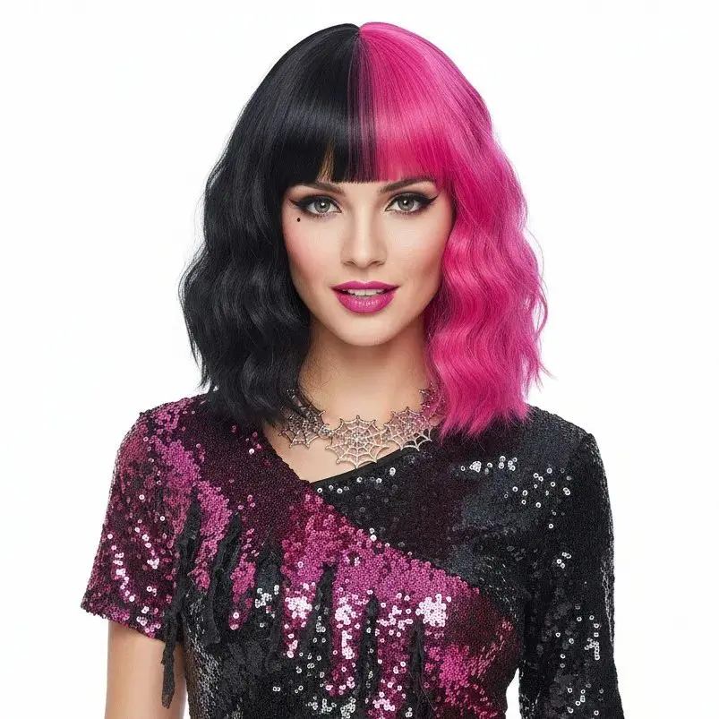 MSIWIGS Short Two Tone Black Pink Red Purple Color Wig Cosplay Bobo Synthetic Ombre Wavy for White Woman Cos