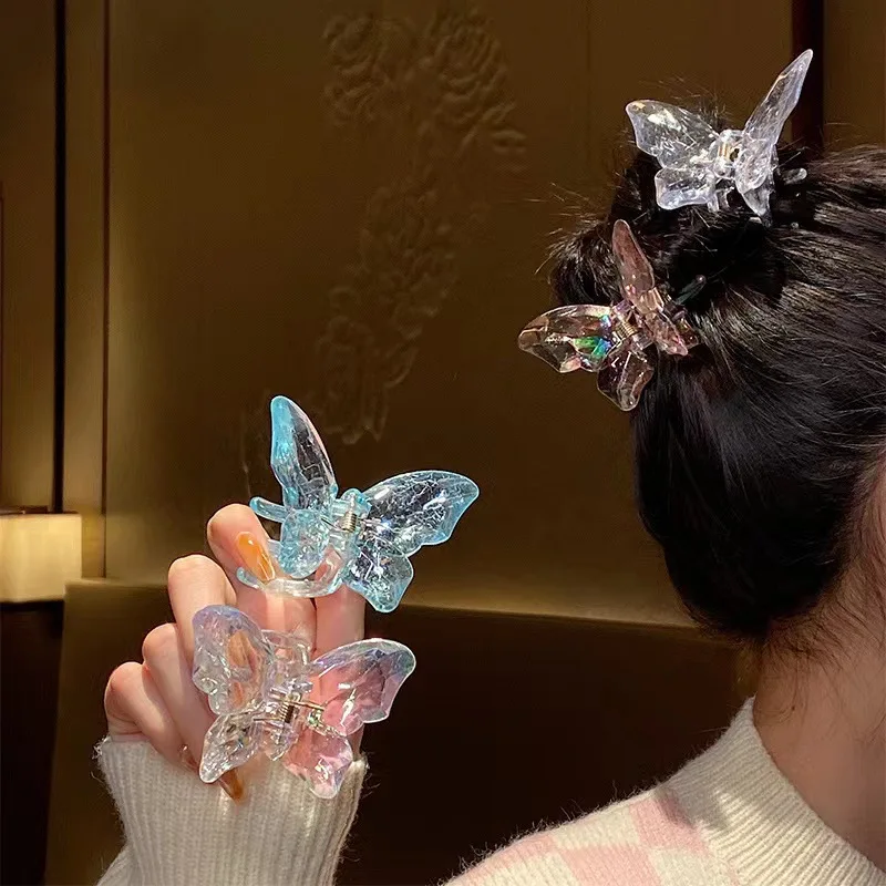 Transparent Butterfly Hair Clip Women Summer Crystal Mermaid Dazzling Color Clip Shark Clip on The Back of The Head