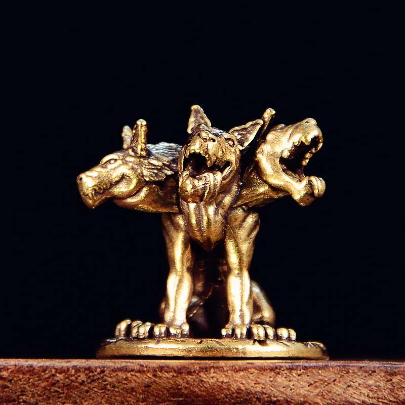 Brass Three-Headed Dog Figurines Miniatures Mythology Animal Small Statue Desktop Ornaments Home Decorations Crafts Accessories