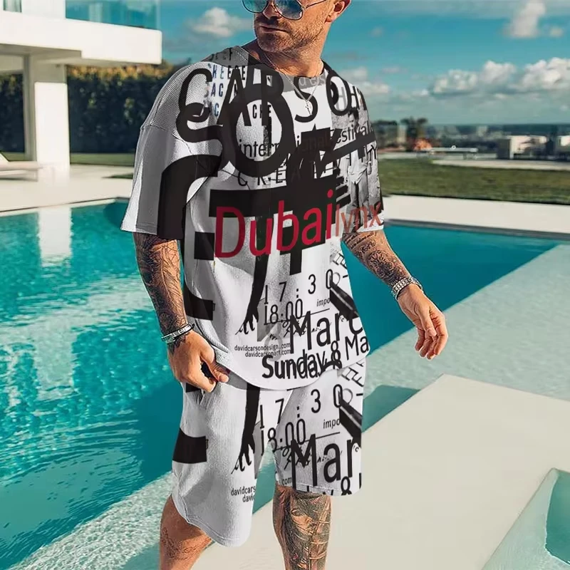 Ultra High Appearance Value Men Letter 3D Printed T-shirt Suit Male Casual Fashion Streetwear Outfits Oversized 2 Piece Set