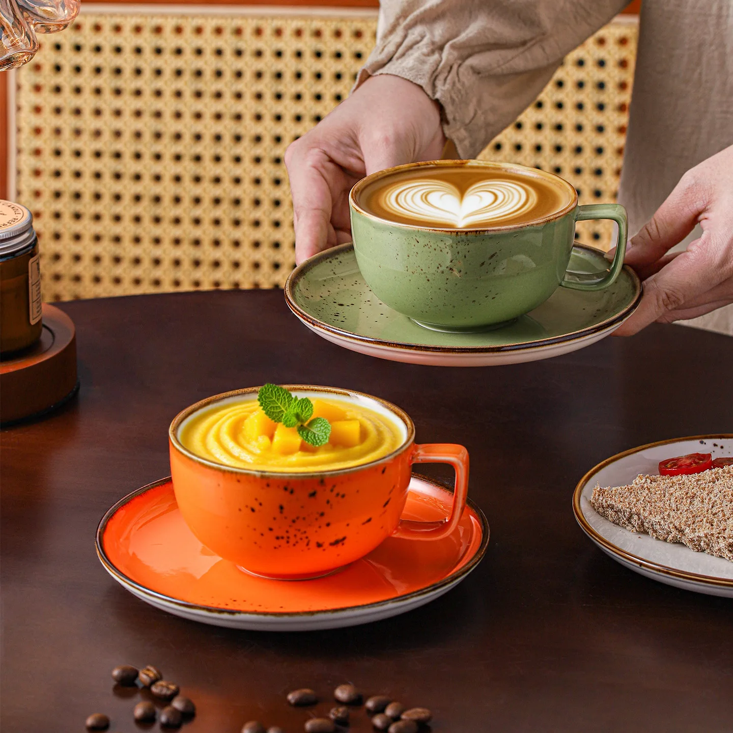 

250ml European Ceramic Coffee Cup And Dish Set Retro Couple Milk Mug Plate Sets Hand Splash Ink Style Coffee Shop Tea Cups