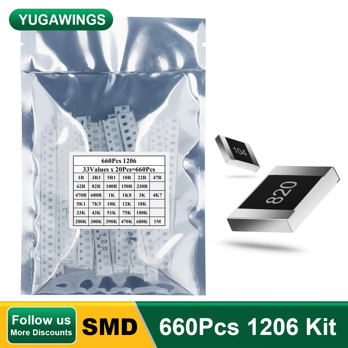 

1206 SMD Resistor Kit 660Pcs 1Ω-1MΩ 33 Values x20Pcs Film Chip Assortment for Circuit Repair DIY