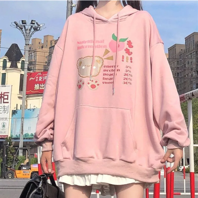 Lolita Mori Girl Harajuku Kawaii Hoodie With Long Rabbit Ear Cap Women Cute Bear Print Thin Sweatshirt Street Fashion Pullovers