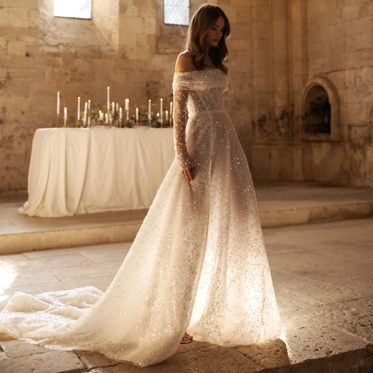 Luxury Beaded Sparkly Lace Wedding Dress Off Shoulder Bridal Party Gown For Women Long Sleeve Ball Gown With Train Vestido Novia