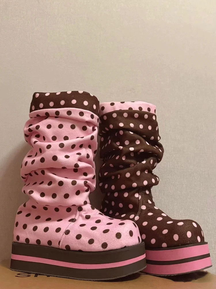 

Cute Boot Pink Polka Dot Platform Thi Bot Pleated Mid-Calf ort Boots Faionable Korean Sle Winter Boots
