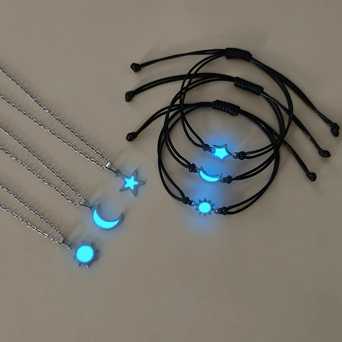 6Pcs Luminous Sun Moon Star Necklace Handmade Woven Fashion Rope Set for Couple Stainless Steel Jewelry Gift