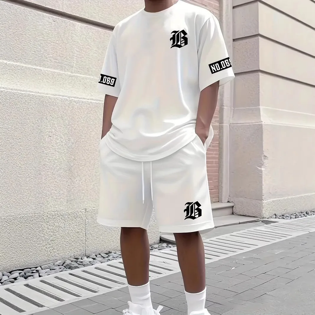 

New summer men's breathable and comfortable quick-drying letter-print T-shirt + shorts - casual street sports outfit