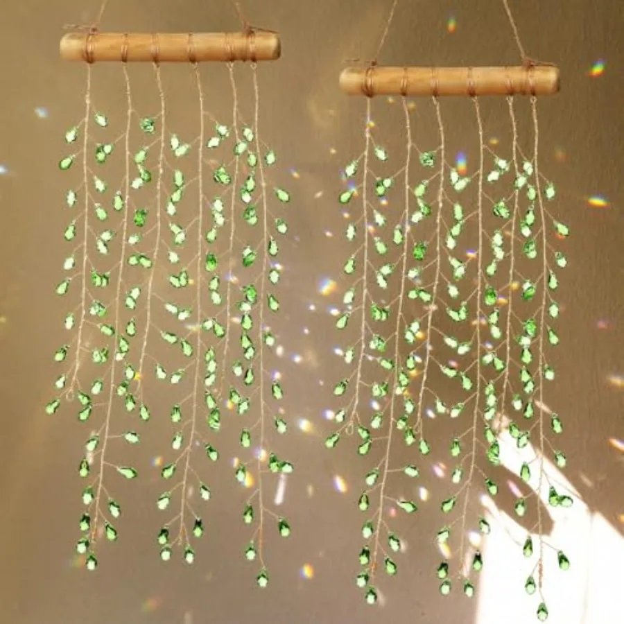 2 Pcs Crystal Suncatchers for Window Boho Decor Hanging Sun Catcher Making Rainbow Green Plants Artificial Crystal Prisms Wind
