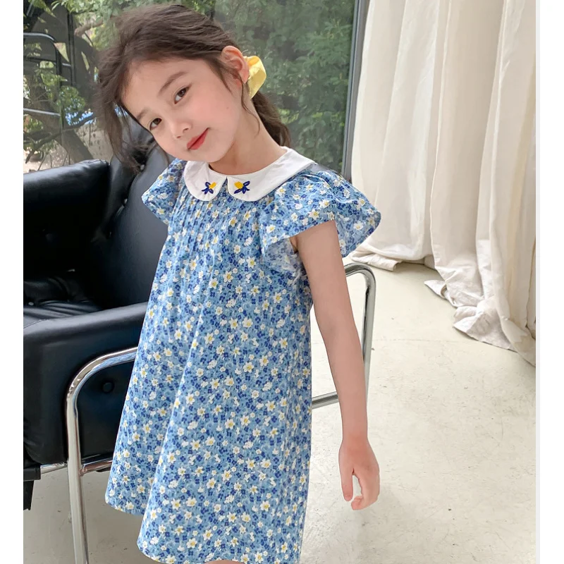 Girls' Dress with Embroidered Doll Collar and Flutter Sleeves Princess Dress2025Summer New Foreign Trade Children's Wear Deliver