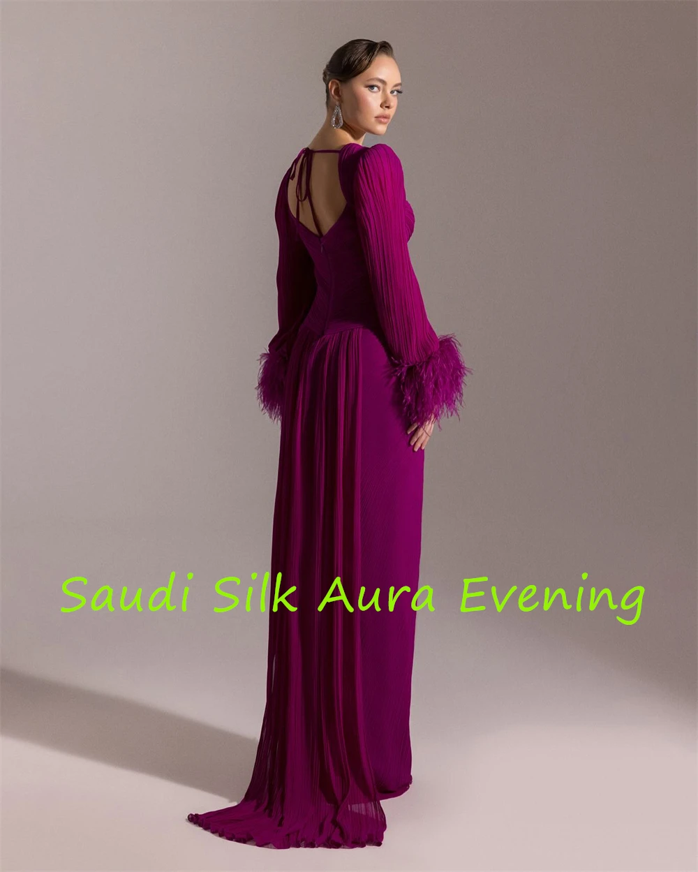 customizedCustomized Graceful Purple Chiffon Evening Dress Sweetheart Long Sleeves Homecoming Dress Delicate  Feathers Vestido D image 6