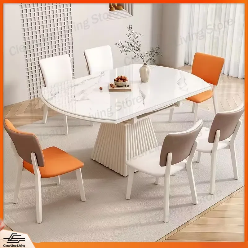 Retractable Round Dining Table with Extension Leaf Wooden Multi Layer Base Durable Easy Clean Kitchen Furniture Space Saving