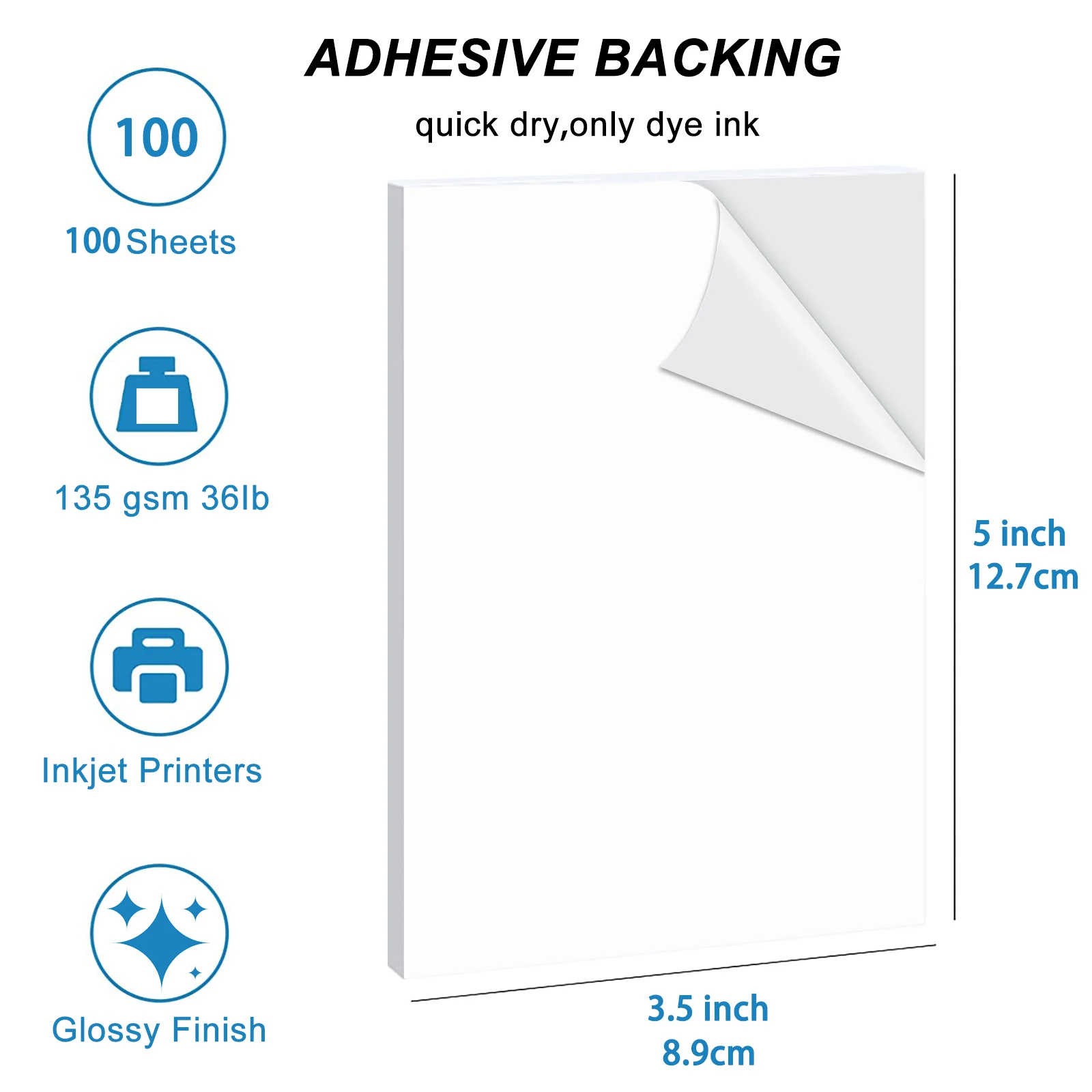 ESHANG100 Sheets Glossy Self-Adhesive Photo Sticker Paper for Inkjet Printer 3.5x5 Inch 135g Printable Sticker Printer Paper