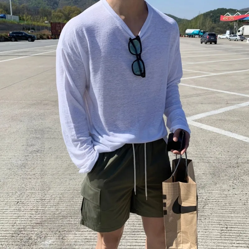 

2025 New Korean Solid Color Loose Long Sleeve T-shirt for Men's Beach Lightweight New Breathable Sunscreen Base Shirt Tee