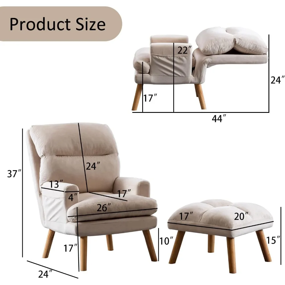 Sedia moderna in velluto di metà secolo con pouf, adatta per camera da letto o soggiorno