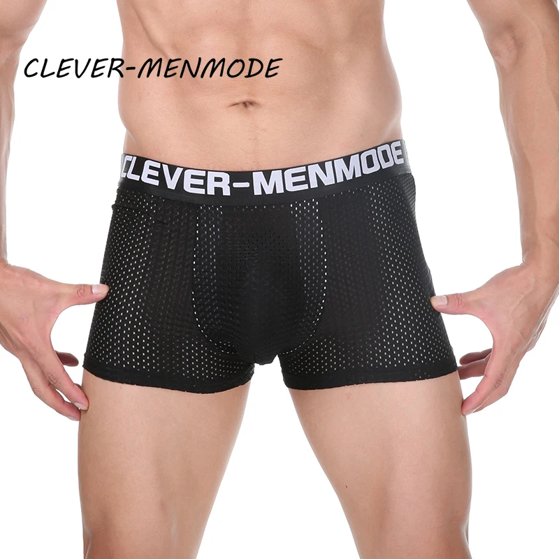 

CLEVER-MENMODE New Men Sexy Mesh Breathable Boxer Shorts Gay Penis Pockets Panties Elastic Pajamas U Convex Comfortable Lingerie