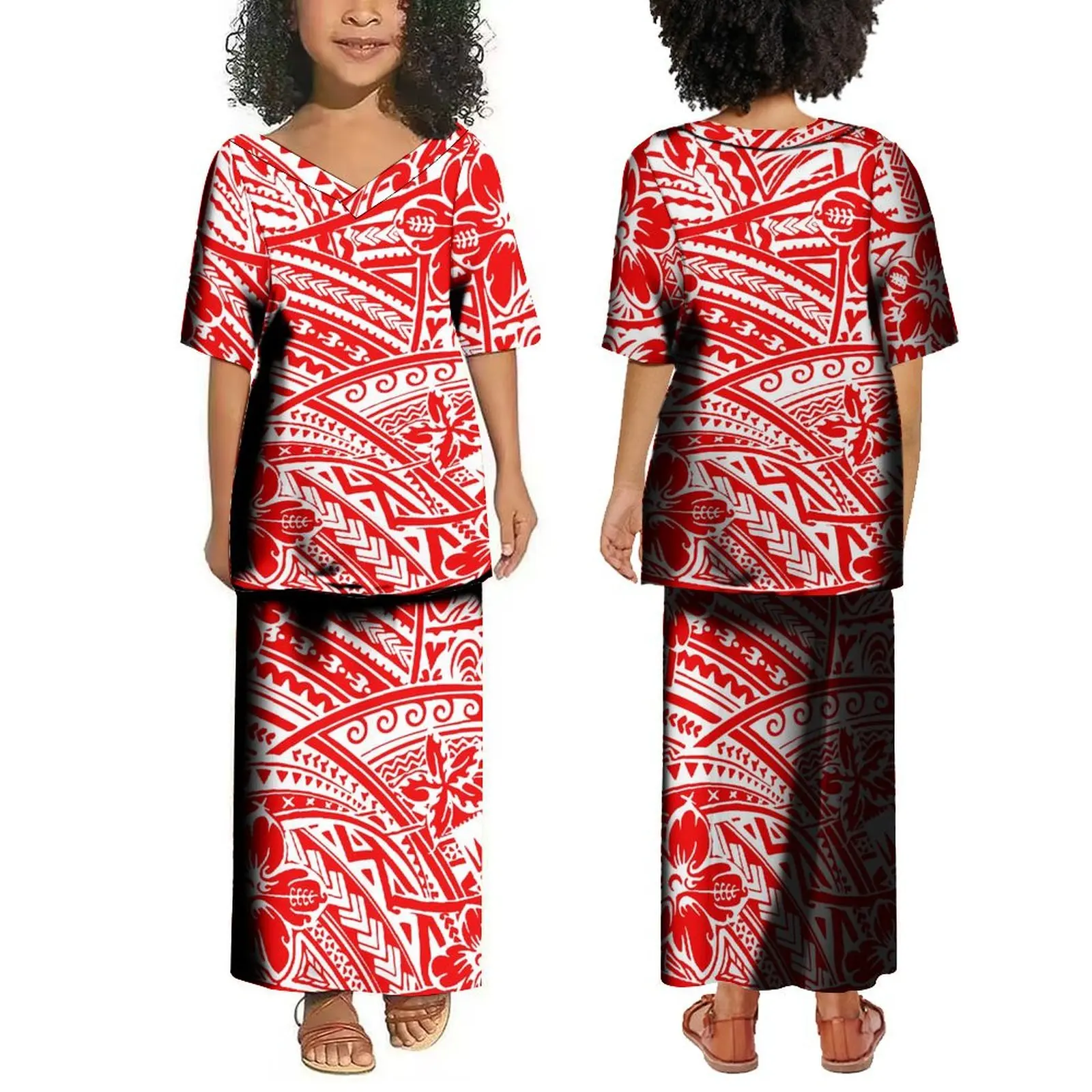 Vestido estampado floral havaiano infantil, decote em v, manga curta, estilo ilha, vestido longo para meninas, verão, novo modelo, 2024