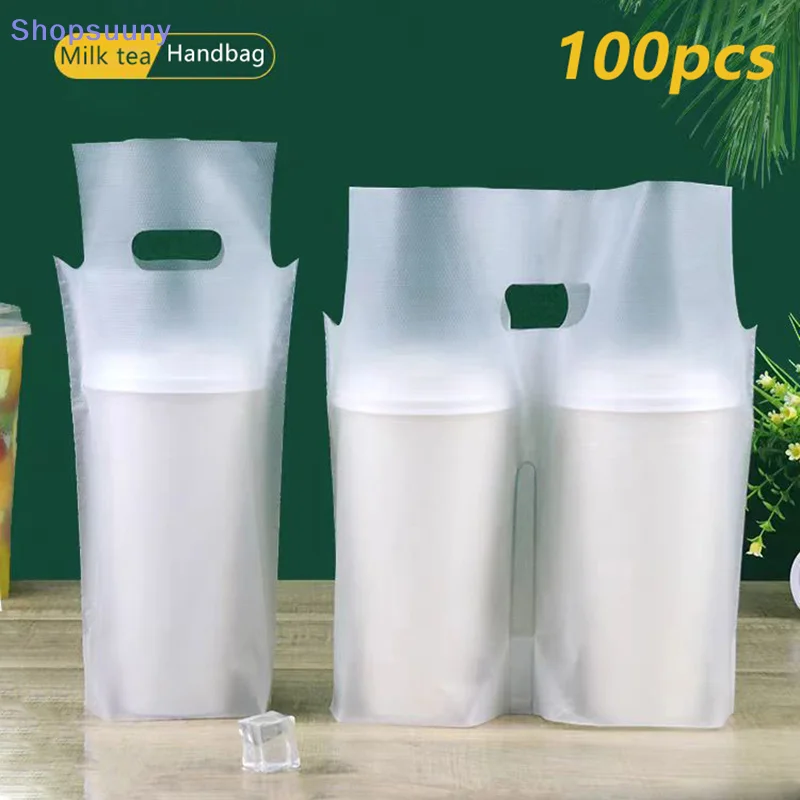 [SU] 100Pcs Single/Double Disposable Cup Milk Tea Packaging Bags Frosted Transparent Beverage Bags Coffee Takeout Tote Bag