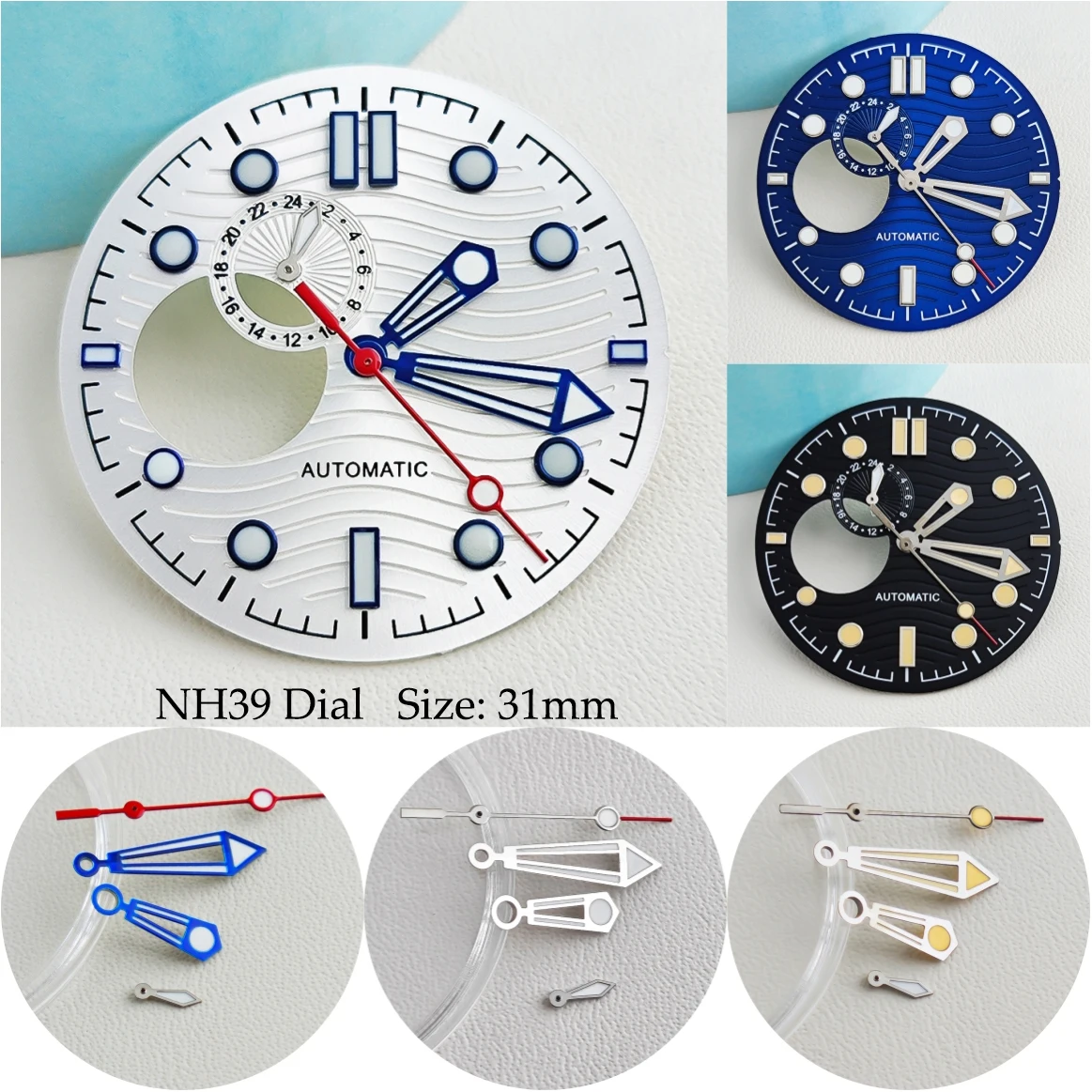 NH39 Dial 31mm Watch Dial No Logo Water Ripple Skeleton Dial Fit NH39 Movement Black/White/Blue Watch Accessories Green Luminous