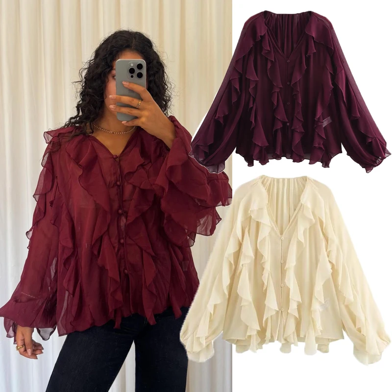 Womens Thin Blouses 2025 Spring Women's Fashion Flowy Layered Decorated V-Neck Long Sleeve Shirt Trendy Chic Casual Formal Wear