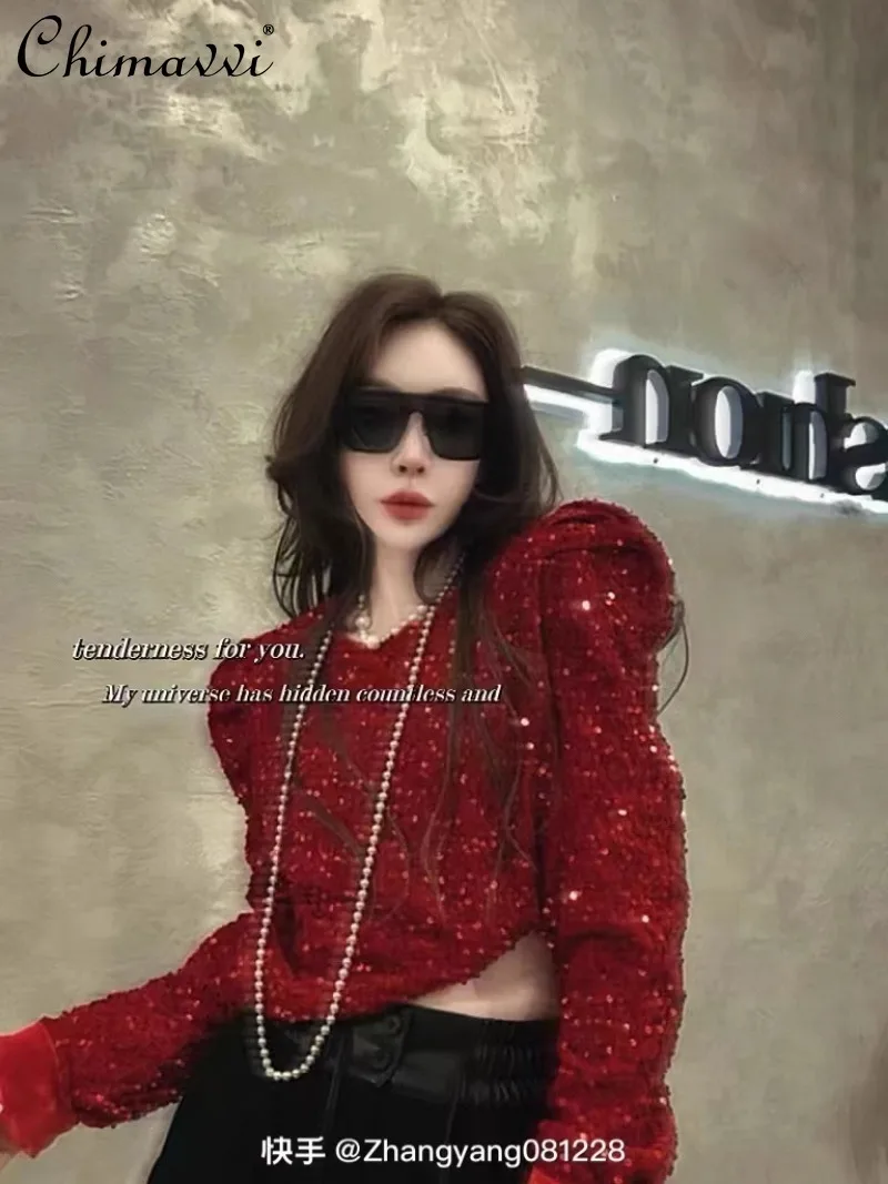 2024 European Winter New Fashionable Burgundy Heavy Industry Sequined Bubble Sleeves Loose Design Short Top Shirt For Women