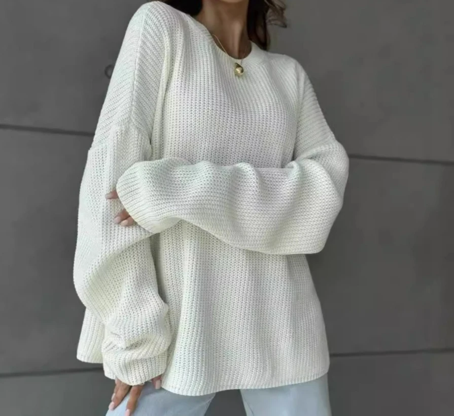

2025 Loose Plus Size Knitted Sweater Long Sleeved Round Neck Top for Women