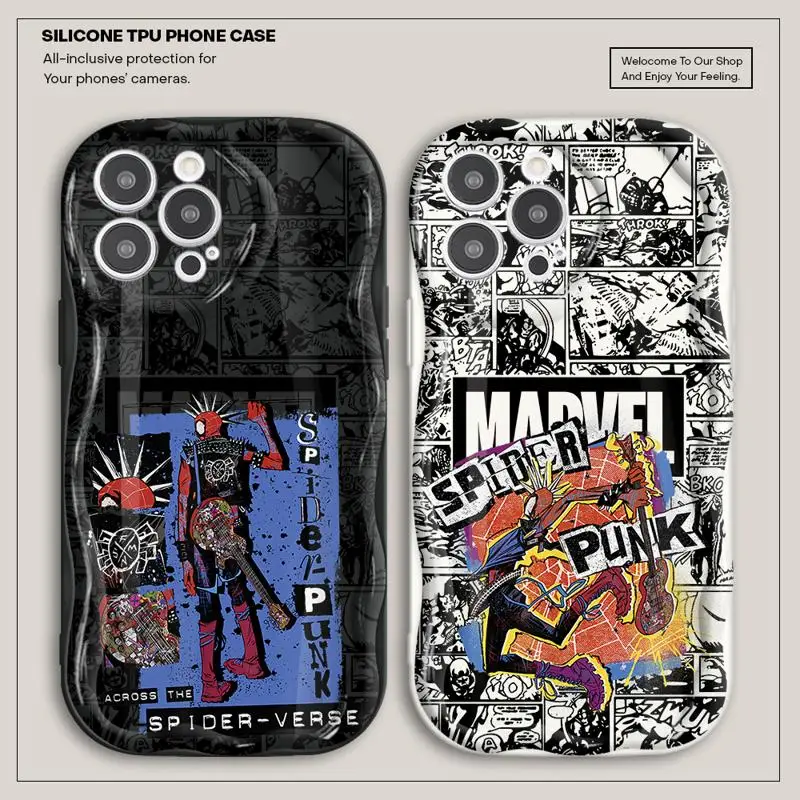 Silicone Wave Phone Case for iPhone 15 14 13 12 11 pro Max XS XR X 7 8 6 plus Shockproof Marvel Spider-Man Punk Curly Soft Cover