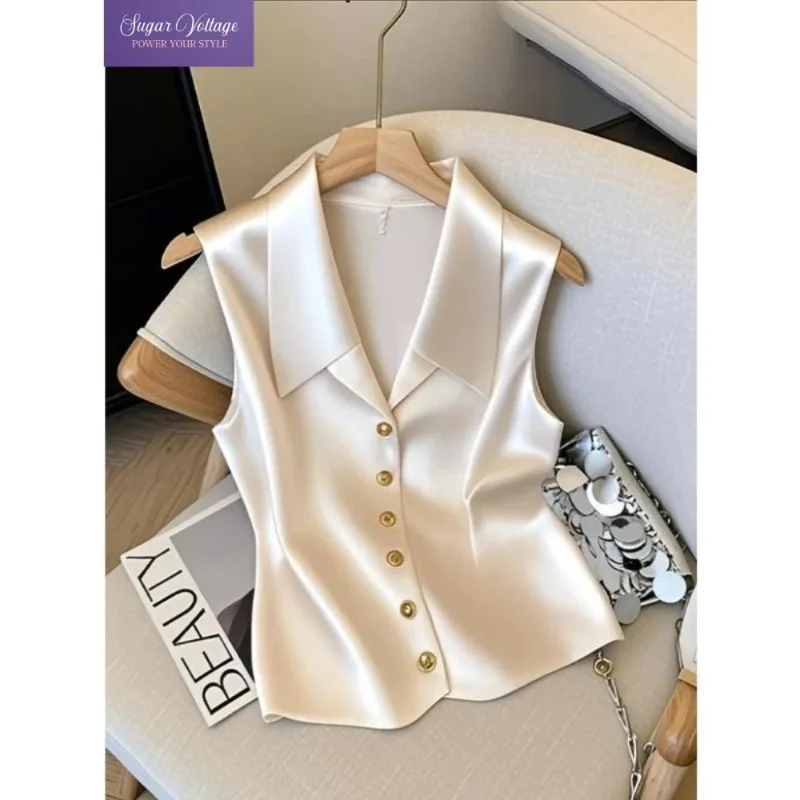 

Sleeveless satin shirt vest women, summer unique beautiful shirt high-end top