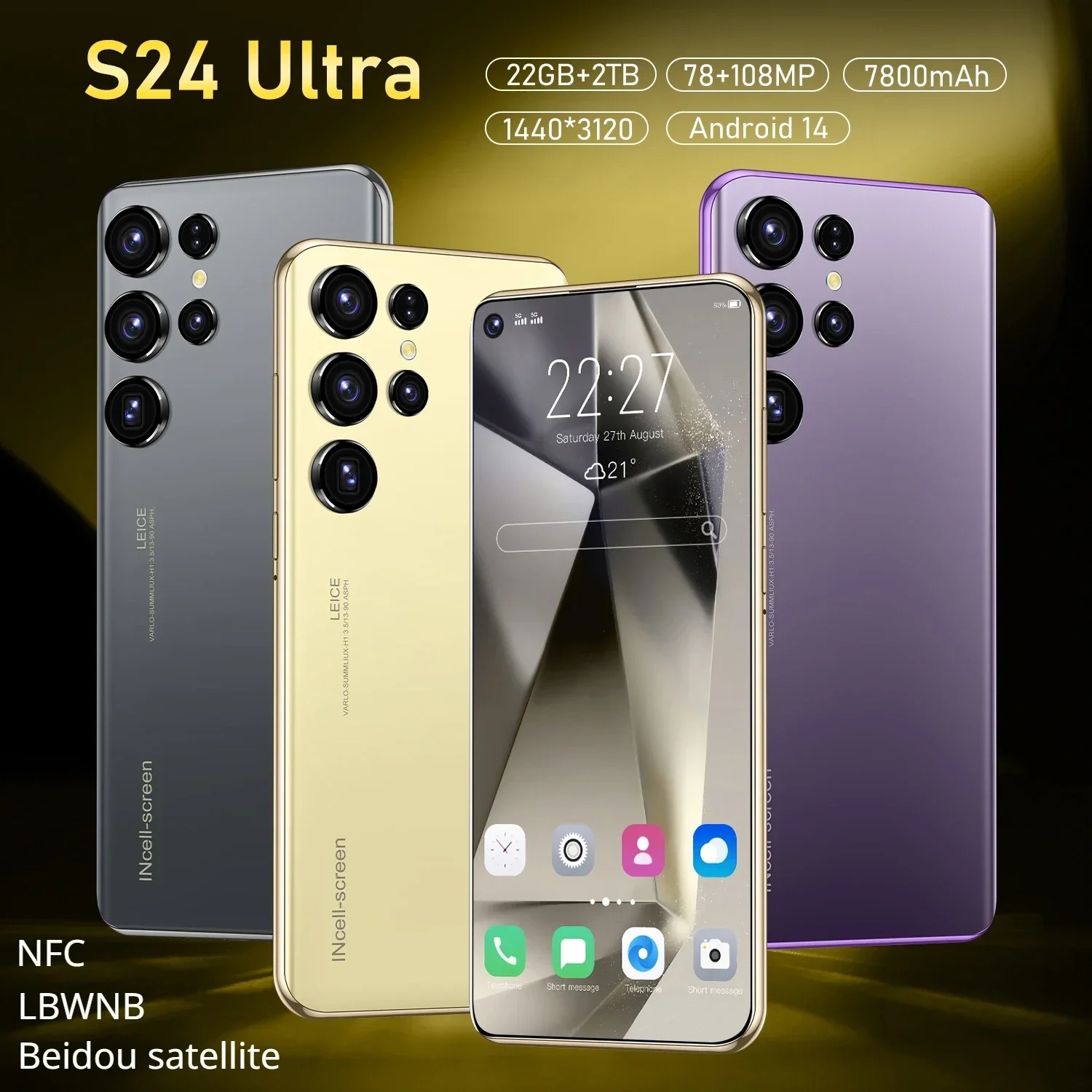 

S24 Ultra Smartphone 22GB+2TB 7.3 HD Screen Phone 5G Dual Sim 108MP Camera LBWNB Android 13 Unlocked 7000mAh 10 Core Phone NFC