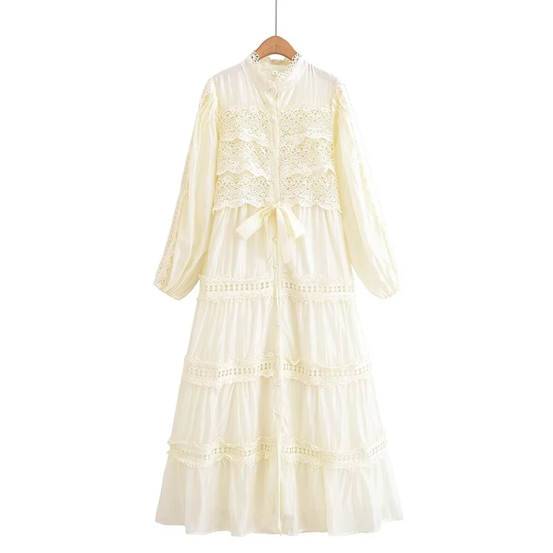 YENKYE 2025 Donne Patchwork di Pizzo Grande Altalena Camicia Lunga Abito Moda Falso 2 Pezzi Eleganti Abiti Autunnali Partito Maxi Abiti