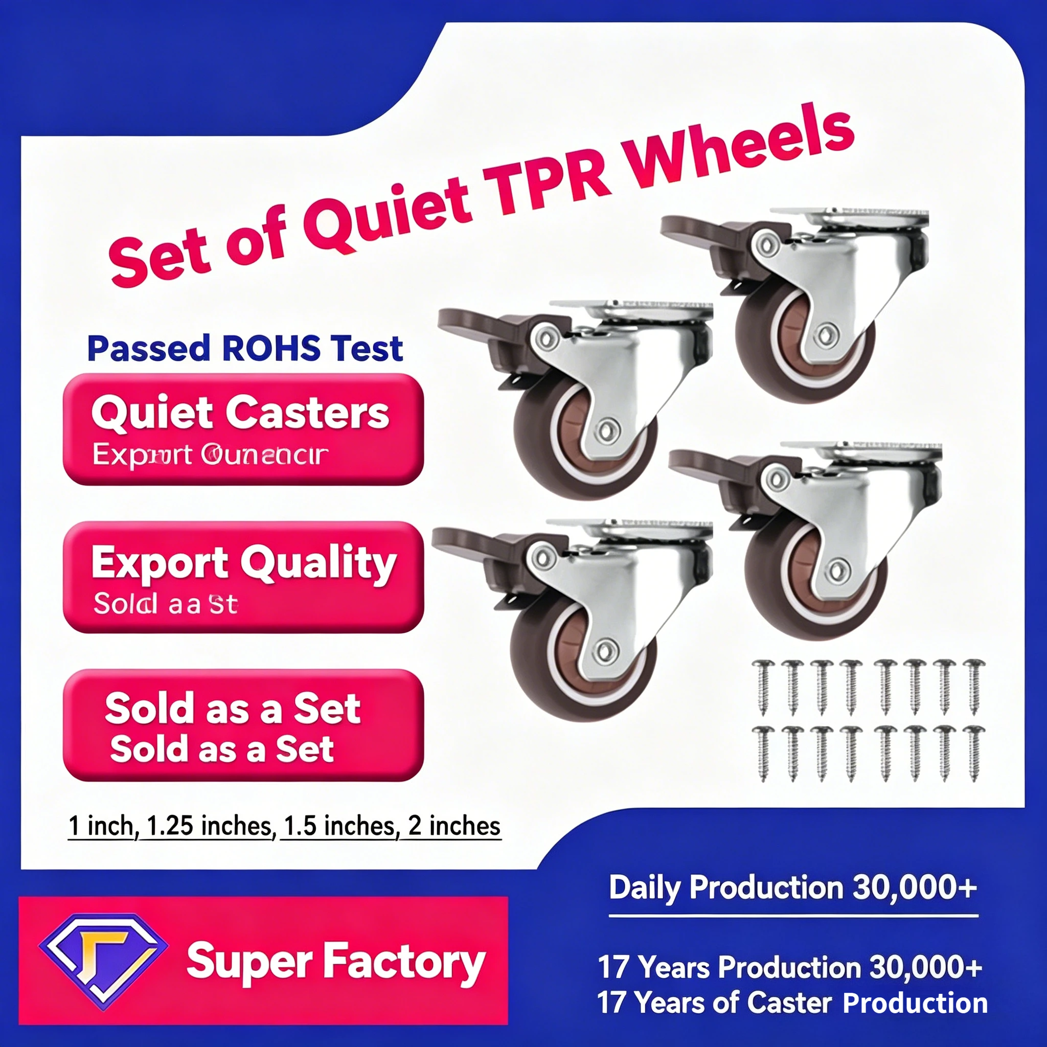4Pcs Heavy Duty Silent Rubber Caster Wheels 1/1.25/1.5/2 Inch M6 Thread Swivel Castors for Furniture колесо для тележки