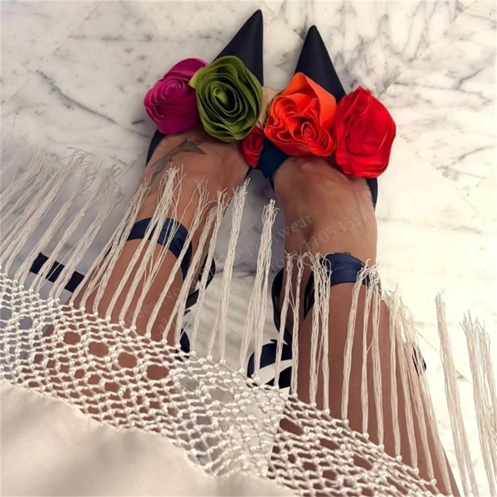 

2026 Summer New Lace Up Strappy Pumps Pointed Toe Stiletto Heel Colorful Flower Hollow Trendy Back Strap Elegant Dress Sandals
