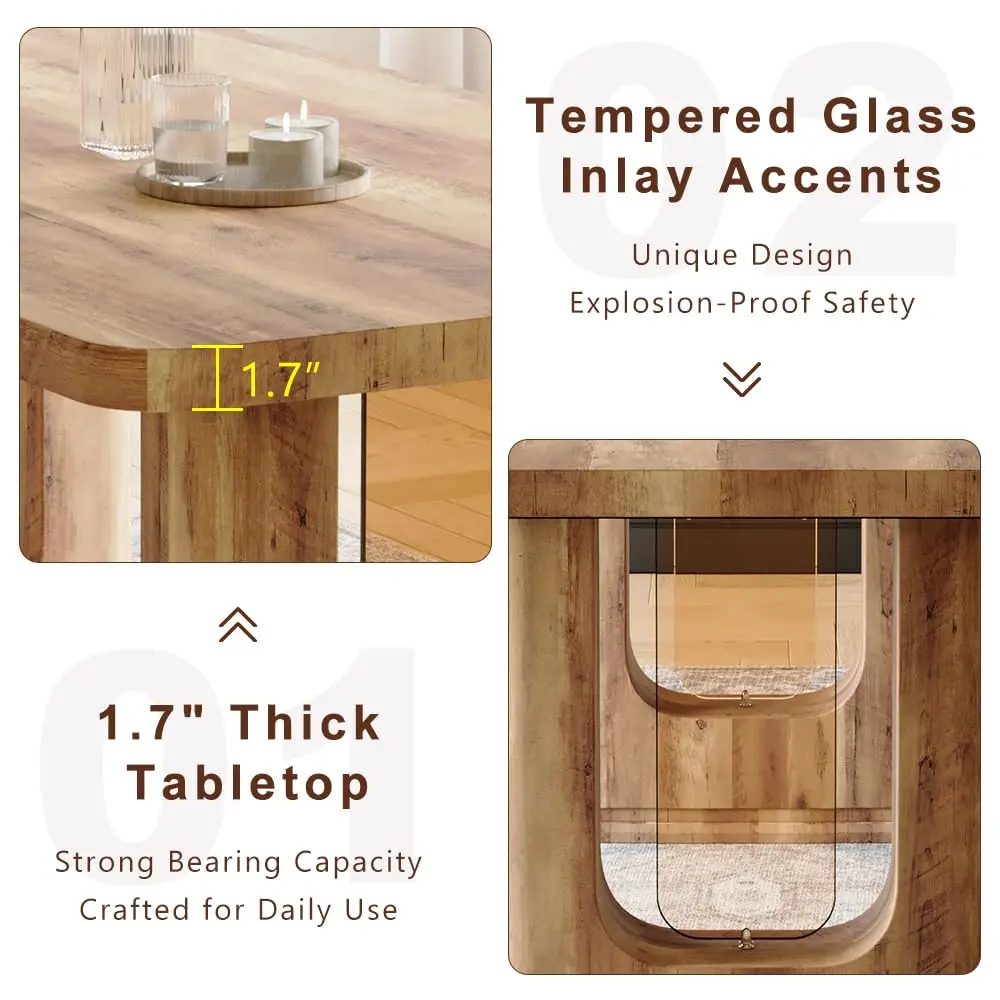 64.5" Dining Room Table Set for 6, Farmhouse Wood Kitchen Table with Decorative Pedestal Legs & 6 Tufted Velvet Chairs