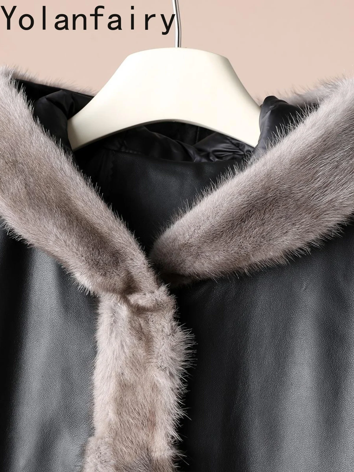YOLANFAIRY 100% سترة جلدية أصلية للنساء 2025 معاطف شتوية طويلة بقلنسوة من جلد الغنم الحقيقي للنساء بياقة من فرو المنك #5