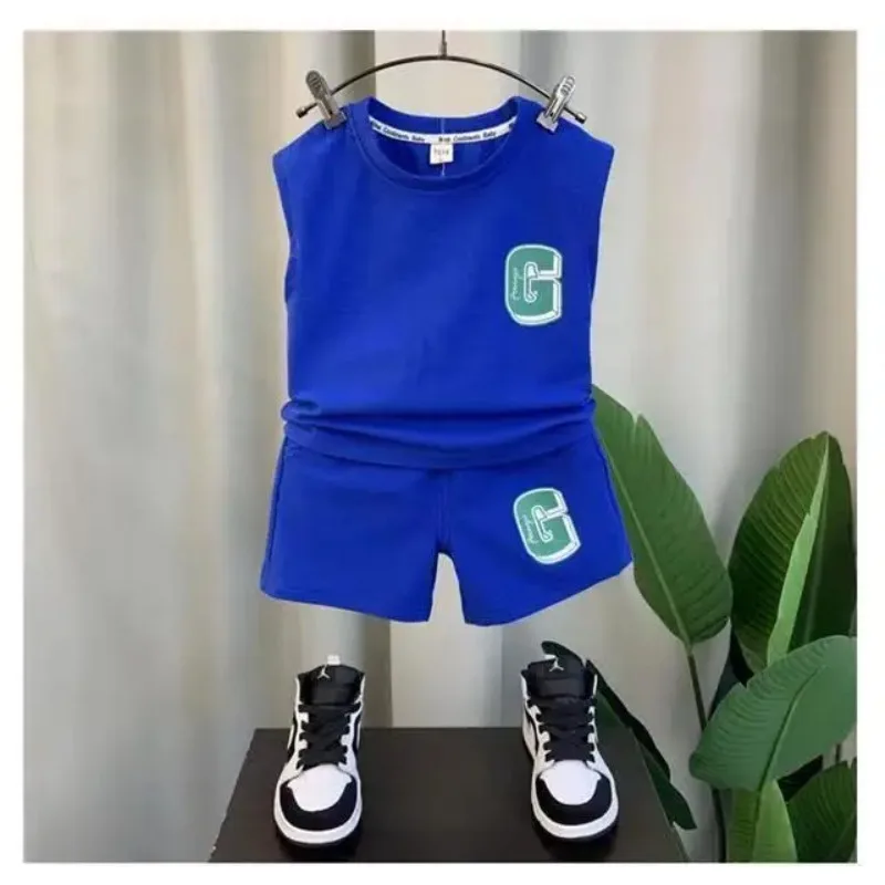 Summer Children Boys Clothes Set Cotton Letter Bear Sleeveless Tops Tee Suit Thin Cool Sporty Shorts Kid Babys Boys Outfits