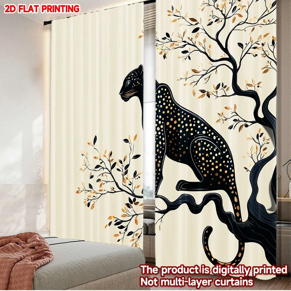 2pcs Leopard on Branch Curtains , Black Panther with Golden Spots on Cream Background for Modern Living Room Decor