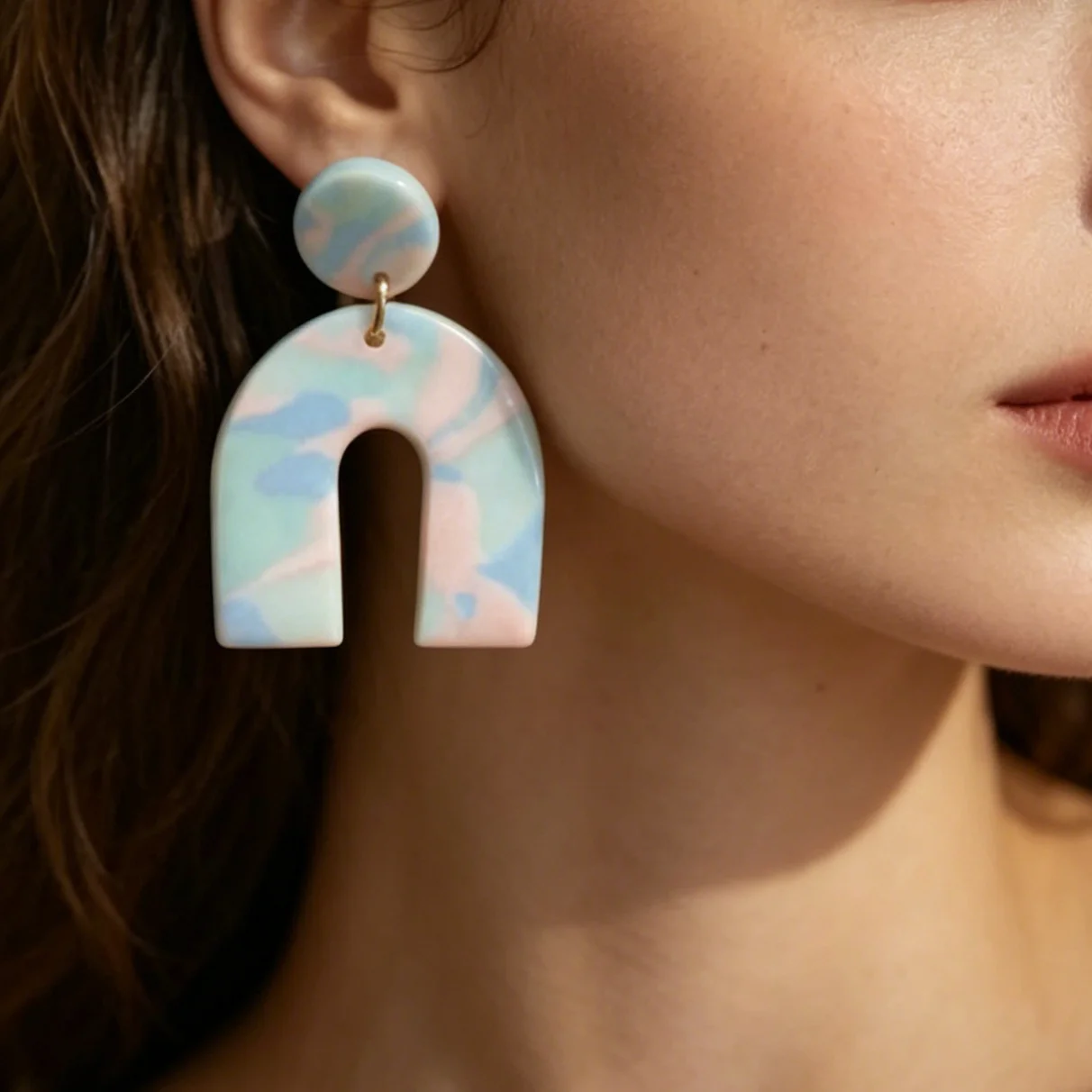 Spring Natural Beige Colors Marble Dots Pattern Polymer Clay Geometric Drop Dangle Earrings Casual Daily Stud Pendants Accessory