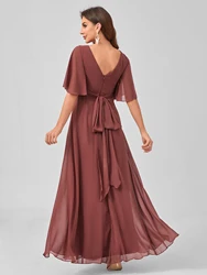 UNITHORSE V-Neck Back Bowknot Tied Chiffon Wedding Dress with Gathered Skirt And Lace Sleeves for Maids of Honor