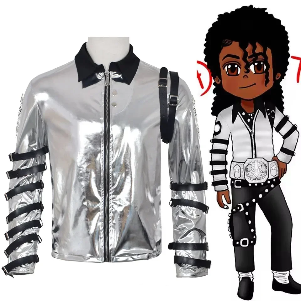 Michael-Jackson-Kostümjacke im Stil der BAD Tour, silberner Bodysuit, Oberbekleidung für Sammler, Pop-Punk Michael Jackson