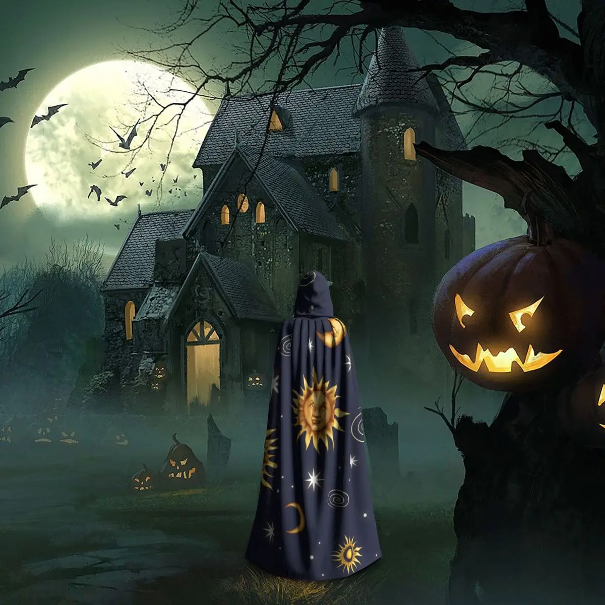 Vintage celestial sol lua longo com capuz capa bruxa traje medieval cosplay capa halloween vampiro adulto unisex