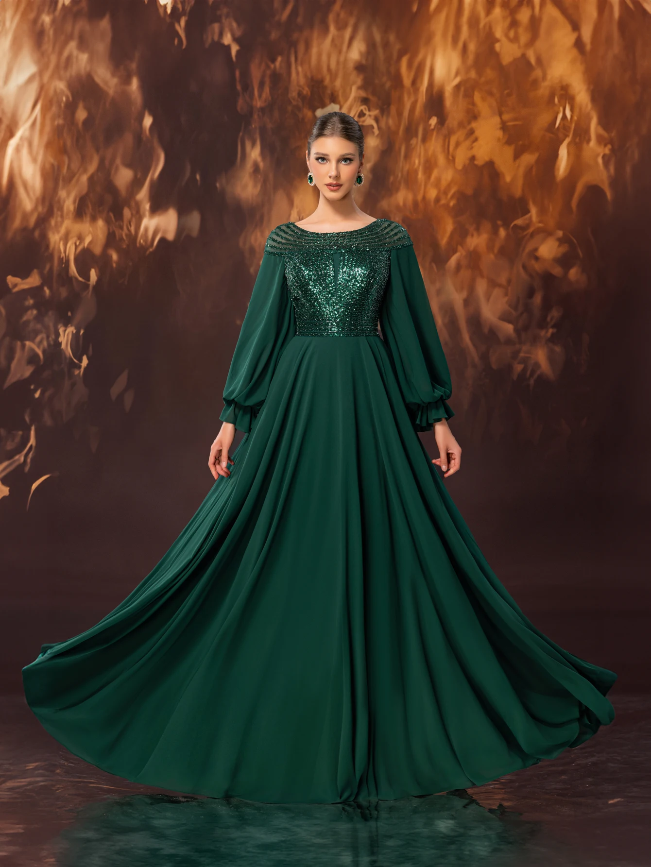 

Women's High-End Elegant Chiffon Patchwork Sequin Lantern Sleeve Round Neck Formal Evening Gown, Long Sleeve Prom Dress, For Wed