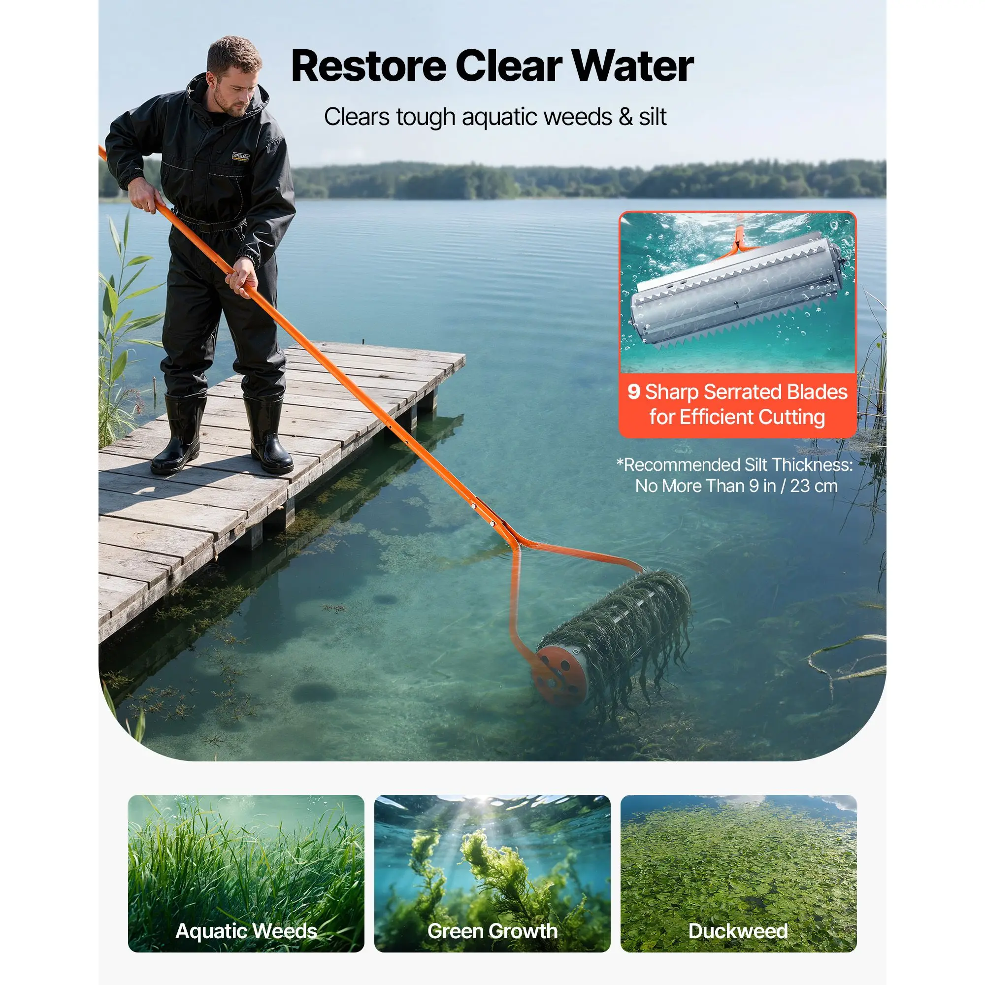 Lake Weed Roller, 18 ft & Pond Removal Tool, Muck Razer Aquatic & Sludge Tiller, Rid Roots and Buildup, 6 Preassembled Stainless