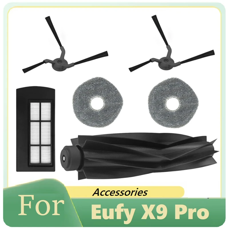 AD-6PCS Replacement Parts Kit For Eufy X9 Pro Robot Vacuum Cleaner Roller Brush Side Brushes Washable Filter Mop Cloths