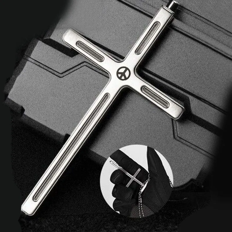 EDC Outdoor Portable Pectoral Cross Necklace Window Breaker Portable Tactical Women Anti-wolf Self-defense Tools