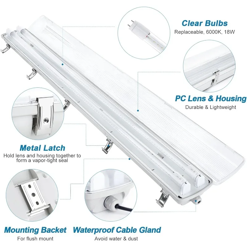 BRILLIHOOD LED Vapor Proof 4ft Light Fixture, 36 Watt, 4000lm, 6000K (Bright White), Clear Cover