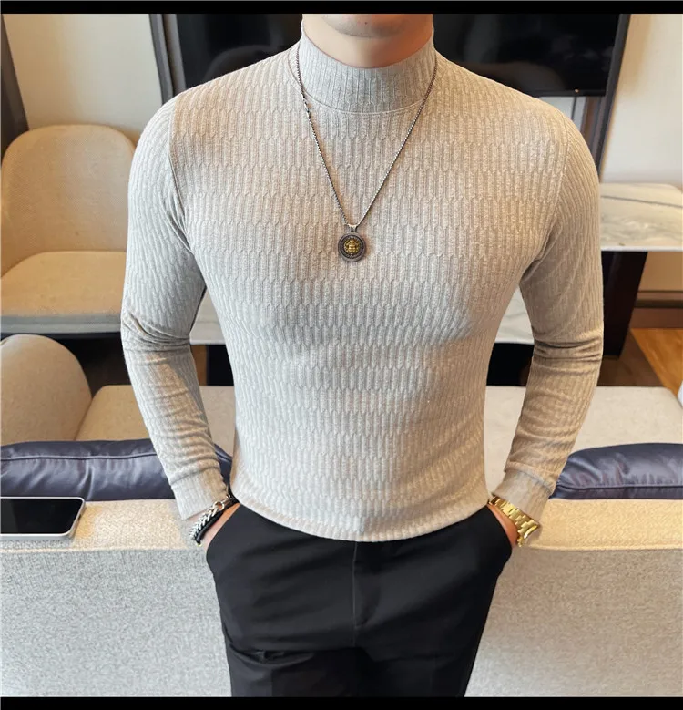 Men Turtleneck Long Sleeve T Shirt Autumn Winter Slim Fit Plain Color Elastic 2026 New XJ884