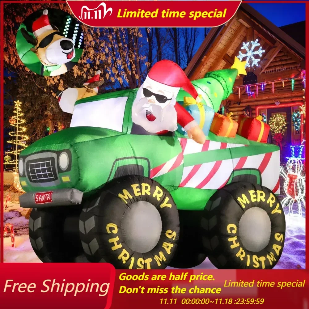 7FT Christmas Inflatables Santa Claus and Reindeer Drive Monster Truck Blow up Giant Yard Decoration, Outdoor Built-in LED